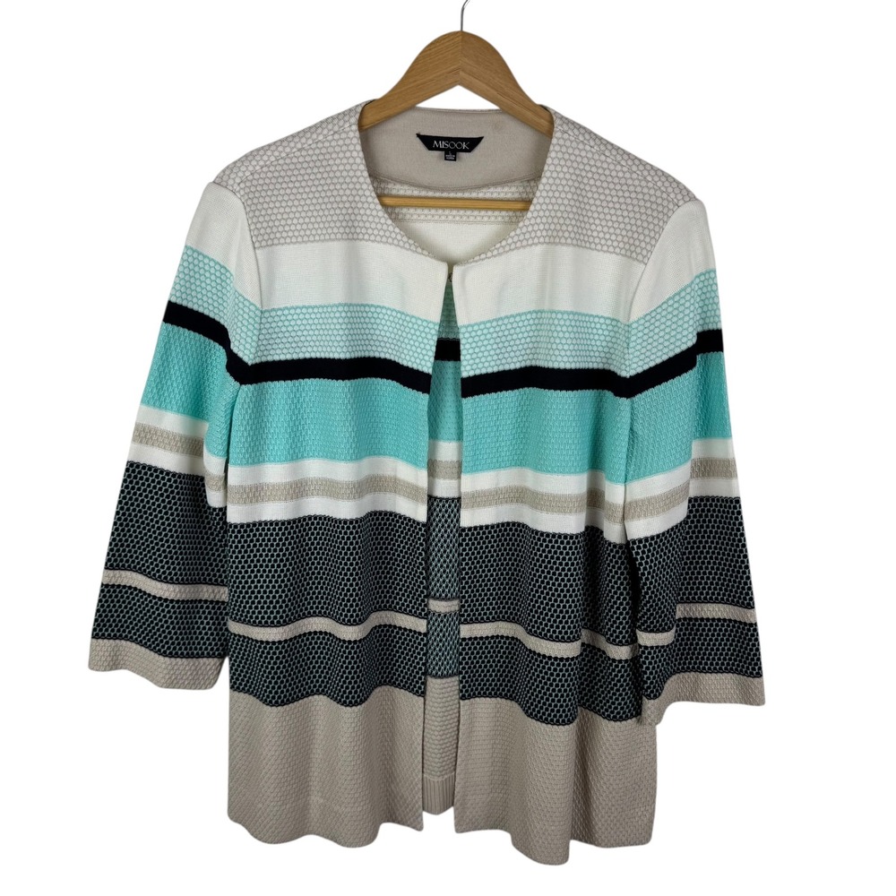 Misook Striped Knit Cardigan Jacket Size Large 3/4 Sleeve Office Travel Stretch